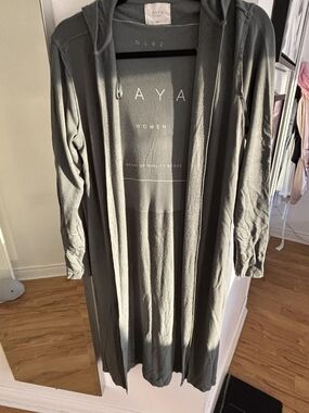 YAYA Long Open-Front Hooded Cardigan in Olive